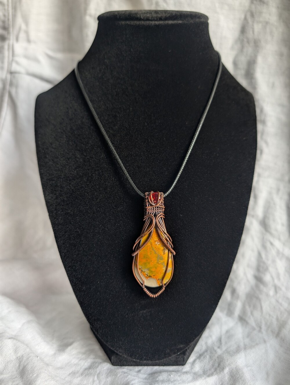 Bumblebee Jasper & Garnet  Handmade Copper Wire Wrapped Pendant